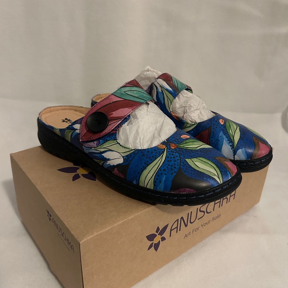 Anuschka Blue and Red Artistic Mules